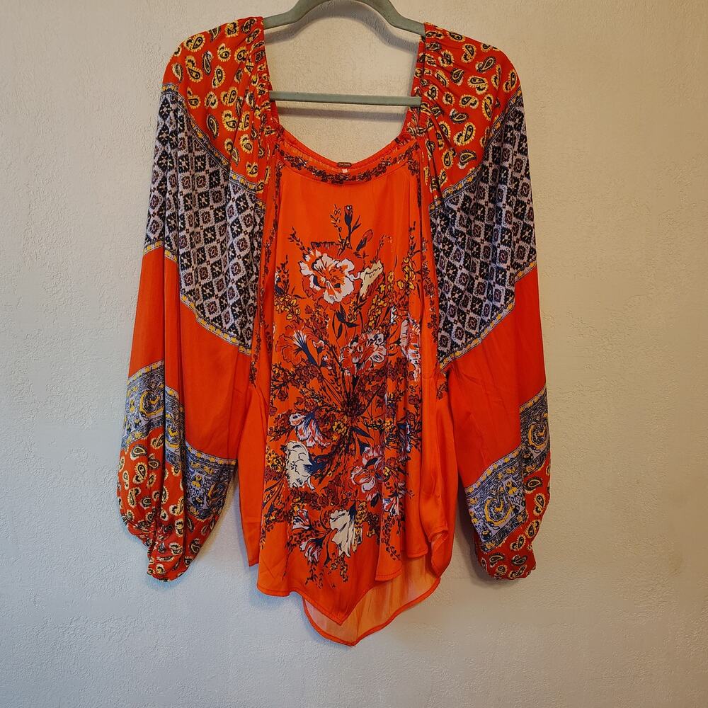 Free People Boho Floral Paisley Peasant Top Orange Balloon Sleeve M fairycore